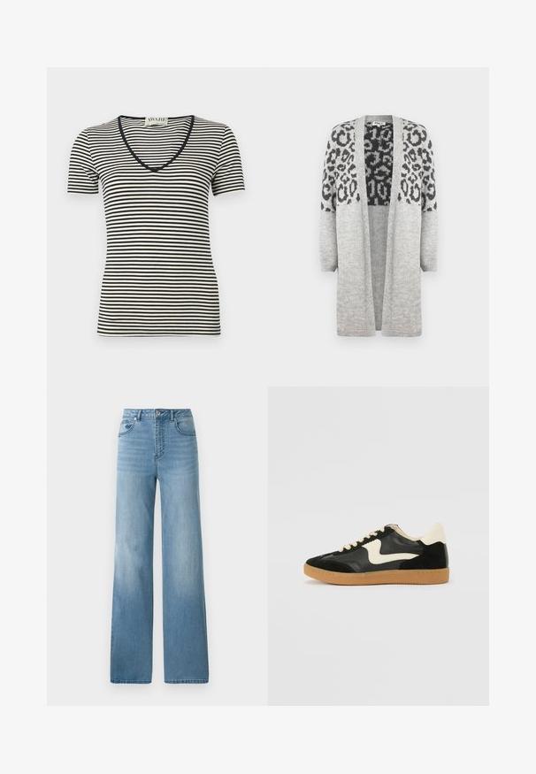 Šedý pletený kardigan s dlouhými rukávy a otevřeným předním zapínáním. Vyznačuje se černým leopardím vzorem na horní části. Měkká textura.; Černé a krémové pruhované tričko s krátkým rukávem a véčkovým výstřihem, vyrobené z měkkého materiálu. Obsahuje tenké horizontální pruhy a přiléhavý střih.; Světlé modré džíny s vysokým pasem a rovnými nohavicemi. Vyrobené z denimu, s pěti kapsami a zapínáním na knoflíky.; Černé semišové a kožené tenisky s krémovým postranním swooshem a světlým krémovým podpatkem. Mají béžové tkaničky a podešev z gumové pryže.