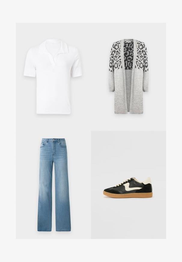 Cardigan en tricot gris avec des manches longues et un devant ouvert. Présente un motif léopard noir sur la partie supérieure. Texture douce.; Polo shirt en coton blanc avec un col, des manches courtes et un léger décolleté en V. Texture lisse, aspect simple et minimaliste.; Jean taille haute bleu clair avec une coupe droite. Fabriqué en denim, avec cinq poches et une fermeture à bouton.; Baskets en daim et cuir noir avec un swoosh latéral crème et un talon crème clair. Dotées de lacets beige et d'une semelle en caoutchouc gomme.