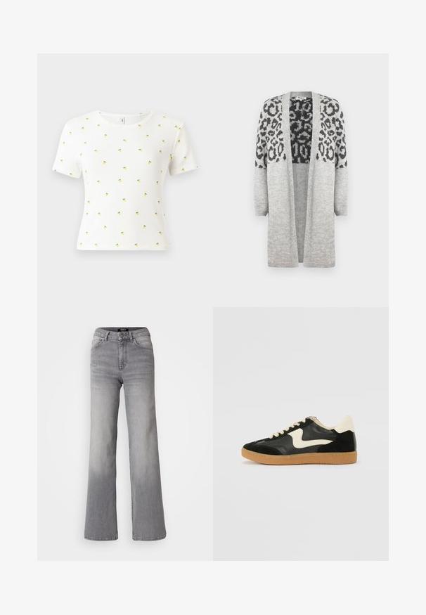 Gray knitted cardigan with long sleeves and an open front. Features a black leopard print design on the upper part. Soft texture.; White short-sleeve t-shirt made of ribbed fabric, featuring a scattered pattern of small yellow pineapples with green leaves.; High-waisted straight-leg gray denim jeans with front button and zipper, front and back pockets, and faded shading on thighs and calves.; Black suede and leather sneaker with a cream side swoosh and light cream heel. Features beige laces and a gum rubber outsole.