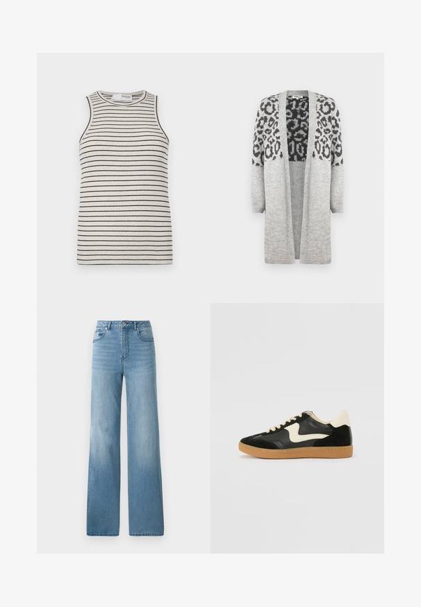 Pilkas megztinis su ilgomis rankovėmis ir atviru priekiu. Aukščiau puikuojasi juodas leopardų raštas. Minkšta tekstūra.; Be rankovių, smulkiai raštuotas kreminės spalvos viršus su plonomis juodomis juostelėmis. Apvalus kaklo iškirptė ir aptempta siluetas. Be jokių papuošimų ar detalių.; Šviesiai mėlynos aukšto liemens džinsai su tiesiu sijonu. Pagaminti iš džinsinio audinio, su penkiomis kišenėmis ir mygtukų uždarymu.; Juodos zomšo ir odos sportinės bateliai su kreminiu šoniniu swoosh ir šviesiai kreminiu kulnu. Ypatybės - smėlio spalvos raišteliai ir guminis padas.