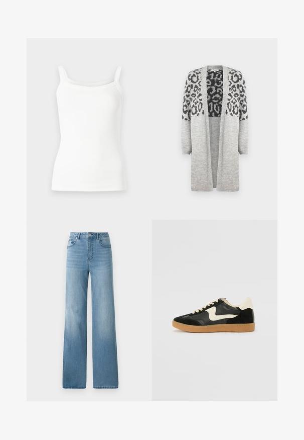 Cardigan gris de punto con mangas largas y frontales abiertos. Presenta un diseño de estampado de leopardo negro en la parte superior. Textura suave.; Top de tirantes finos de canalé blanco, con forma ajustada y textura suave. No presenta patrones ni detalles de metal.; Jeans de tiro alto en azul claro con un diseño de pierna recta. Confeccionados en denim, cuentan con cinco bolsillos y un cierre con botón.; Zapatillas de deporte de ante y cuero negro con un swoosh lateral en crema y un talón en crema claro. Presenta cordones beige y una suela de goma marrón.