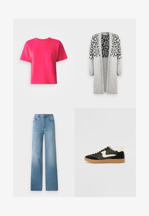 Pelēks adīts kardigans ar garām piedurknēm un atvērtu priekšpusi. Augšējā daļā ir melns leopards apdruka. Mīksta tekstūra.; Spilgti rozā īsām piedurknēm T-kreklā, kas izgatavots no kokvilnas, ir priekšējā kabata un apaļa dekoltē. Gluda tekstūra un brīvs piegriezums.; Gaiši zili augstās jostas bikses ar taisnu kāju dizainu. Izgatavotas no denima, ar piecām kabatām un pogu aizdari.; Melna zamšāda un ādas sporta apavi ar krēmkrāsas sānu svītru un gaiši krēmkrāsas papēdi. Ar beigu krāsas auklām un gumijas zole.