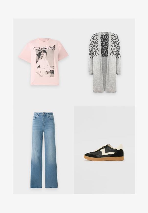 Gray knitted cardigan with long sleeves and an open front. Features a black leopard print design on the upper part. Soft texture.; Pink cotton t-shirt featuring a black-and-white graphic of a woman with a guitar, accented with the name "Dolly" in script and a butterfly.; Light blue high-waisted jeans with a straight-leg design. Crafted from denim, featuring five pockets and a button-fly closure.; Black suede and leather sneaker with a cream side swoosh and light cream heel. Features beige laces and a gum rubber outsole.