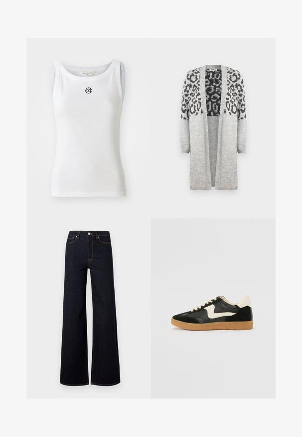 Grå strikket cardigan med lange ærmer og åben front. Har et sort leopardprintdesign på den øvre del. Blød tekstur.; Hvid tanktop lavet af ribbet stof, med en scoop halsudskæring og et sort logo på fronten. Ærmeløst design med en tætsiddende silhuet.; Mørkeblå brede jeans lavet af denim, med høj talje, kontraststing og en enkelt metalknap foran.; Sorte ruskinds- og lædersneakers med en cremefarvet side-swoosh og lys cremefarvet hæl. Har beige snørebånd og en gummirubber-sål.