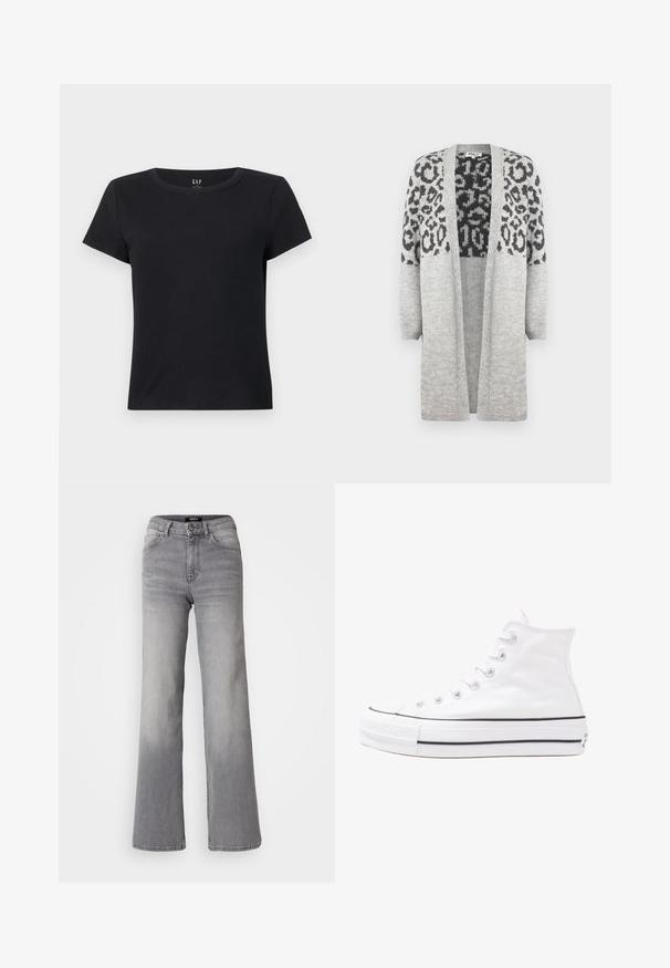 Pelēks adīts kardigans ar garām piedurknēm un atvērtu priekšpusi. Augšējā daļā ir melns leopards apdruka. Mīksta tekstūra.; Melna T-krekls ar īsām piedurknēm, izgatavots no ribota auduma, ar apaļu kakla izgriezumu un brīvu piegriezumu. Nav redzamu rakstu vai akcentu.; Augsti vidukļa taisnas kājas pelēkas džinsa bikses ar priekšējo pogu un rāvējslēdzēju, priekšējām un aizmugurējām kabatām, kā arī izbalinātiem toņiem uz augšstilbiem un teļiem.; Balti augstie kanvas sporta apavi ar melnu gumijas zoli, priekšējo gumijas purngalu un sešām acīm lencēm, kuriem ir tīrs, minimālistisks dizains.