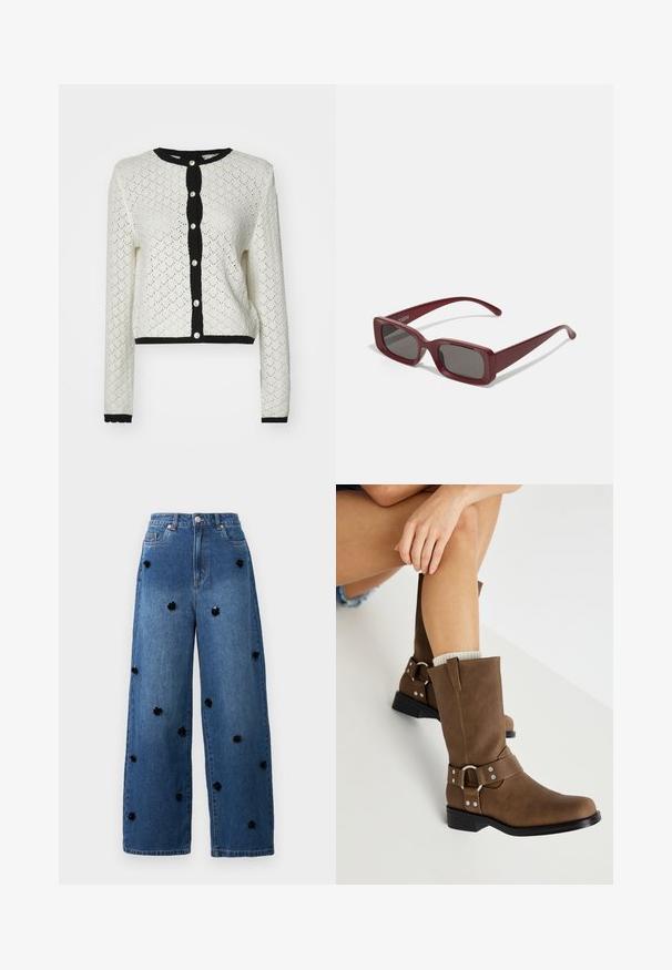 Cardigan de punto de encaje blanco con mangas largas y un diseño corto. Acentos de canalé negros en el escote, la tapeta de botones y el dobladillo. Cinco botones.; Mameluco negro de manga larga con cuello alto, que presenta tejido sólido en el torso y mangas de malla transparente, diseñado en una forma ajustada.; Jeans de mezclilla azul de pierna ancha con apliques florales negros dispersos por la tela. Presenta una cintura alta y un diseño clásico de cinco bolsillos.; ONLY SHOES ONLBAX - Botas camperas - brown; Gafas de sol rectangulares burdeos con lentes oscuros, montura gruesa y patas cónicas. Fabricadas en plástico brillante con una textura suave.