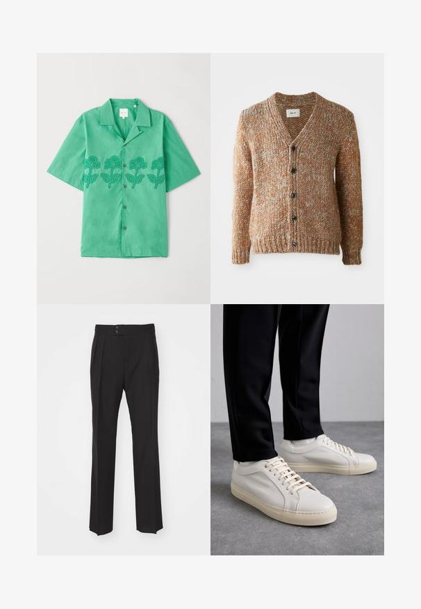 Cárdigan texturizado de tonos cálidos en color naranja con motas blancas. Escote en V, cierre de seis botones, dobladillo y puños de canalé. Hecho de un material de punto.; Camisa de manga corta verde, hecha de una tela suave, con bordado floral en verde oscuro en la parte frontal, cierre de botones y cuello clásico.; Pantalones negros a medida con un diseño de pierna recta, dos bolsillos delanteros y un cierre de doble botón en la cintura. Textura de tela suave.; Zapatillas de cuero color beige claro con cordones planos, una superficie texturizada y una suela de goma color crema en contraste, combinadas con pantalones negros ajustados.