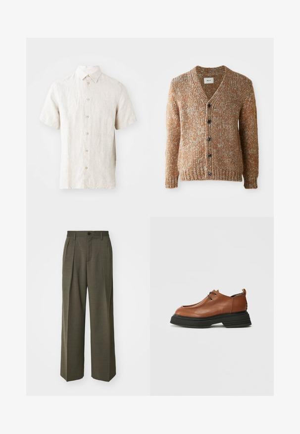 teksturēts, siltu toņu oranžs kardigāns ar baltām punktiņām. V-veida piegriezums, sešu pogu aizdare, ribota apakšmala un piedurknes. Izgatavots no adīta materiāla.; Īsām piedurknēm izgatavota lina krekls gaiši pelēkā krāsā. Tam ir standarta apkakle, pogu aizdare un smalka tekstūra. Vienkāršs dizains bez rakstiem.; Filippa K WIDE TROUSERS - Auduma bikses - driftwood; Bordo ādas kurpe ar noapaļotu purngalu, auklu dizainu un biezu melnu slāņu zoli. Ievērojama ar savu strukturēto siluetu un tekstūru.