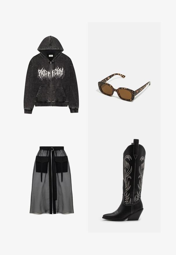 Černá mikina na zip s kapucí, vyrobená z texturované látky, s předními kapsami a bílým grafickým nápisem přes hruď.; Tmavě modré žebrované šaty s rolákem a krátkým rukávem, které mají přiléhavý střih a jemnou texturu. Nastavitelný límec pro přizpůsobení velikosti.; Černá průhledná sukně s nařaseným pasem, která má dvě velké přední kapsy, páskový uzávěr a kulatý kovový akcent.; Černé kožené kovbojské boty s špičatými špičkami, podpatky ve tvaru klínu a stříbrně vyšívanými květinovými vzory po celé délce. Kontrastní prošívání po celém obvodu.; Sluneční brýle ve skořápce želvy s kulatým, širokým rámem a hnědými čočkami. Mají jemné vzory a rovné, zúžené stranice.; Černá kožená kabelka s křivkovým designem, zdobená stříbrnými hřebíky, s přezkou a dvěma bočními kapsami. Nastavitelný popruh pro různé možnosti nošení.