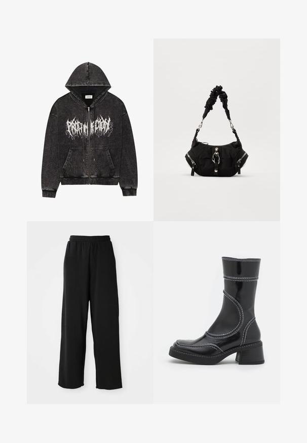 Czarna bluza z kapturem na zamek błyskawiczny, wykonana z fakturowanej tkaniny, z kieszeniami z przodu i białym nadrukiem graficznym na klatce piersiowej.; Czarna koszulka na ramiączkach wykonana z prążkowanego materiału. Projekt charakteryzuje się szerokimi wycięciami na ramiona i okrągłym dekoltem, z czystym, prostym krojem.; Czarne spodnie o szerokich nogawkach wykonane z miękkiego materiału, z elastycznym pasem i bez widocznych kieszeni. Gładka tekstura oraz luźny krój.; Czarne lakierowane botki za kostkę z białym przeszyciem, okrągłym noskiem i słupkowym obcasem. Posiadają zakrzywione linie designu oraz gładką teksturę.; Czarna torebka z materiału z zebranym paskiem, dwoma bocznymi zamkami, zapięciem z przodu i gładką fakturą. Kompaktowy owalny kształt z błyszczącymi elementami metalowymi.