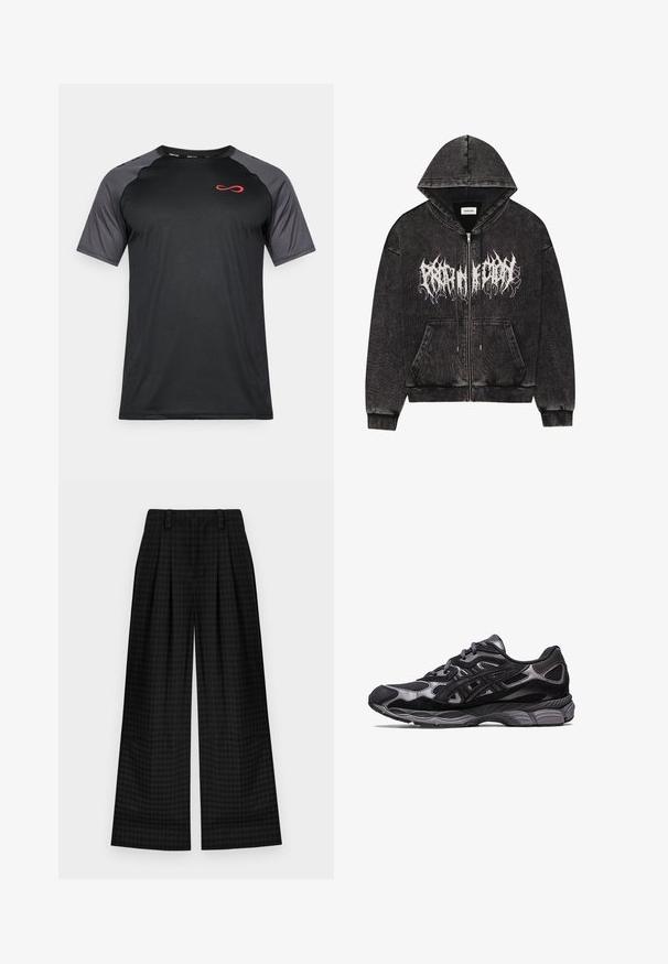 Černá mikina na zip s kapucí, vyrobená z texturované látky, s předními kapsami a bílým grafickým nápisem přes hruď.; Černé sportovní tričko s krátkým rukávem a šedými síťovinovými rukávy, s červeným logem na hrudi, které má přiléhavý střih a látku odvádějící vlhkost.; Černé kostkované kalhoty s širokými nohavicemi a sklady, s hladkým povrchem a klasickým designem. Lehká tkanina pro pohodlí.; Černá atletická bota s vrchní částí z mesh a semiše, která má strukturovaný design a robustní, polstrovanou šedou podrážku.