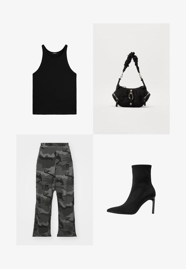Sort zip-hoodie med hætte, fremstillet i struktureret stof, med frontlommer og hvid grafisk tekst over brystet.; Sort tanktop lavet af ribbet stof. Designet har brede armhuller og en rund halsudskæring, med en ren, enkel skæring.; Kamuflage sweatpants i nuancer af sort og grå, med elastisk talje, afslappet pasform og lette slidser i bunden af benene.; Sorte ankelstøvler lavet af glat suede, med spids tå og høj stilettohæl. Slank, minimalistisk design uden udsmykninger.; Sort stof håndtaske med en samlet rem, to sidelukkere, en frontklap og en glat overflade. Kompakt oval form med blank hardware.