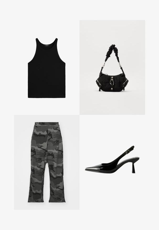 Zwarte ritshoodie met een capuchon, gemaakt van een gestructureerde stof, met zijzakken en witte grafische letters over de borst.; Zwarte tanktop gemaakt van ribstof. Het ontwerp heeft brede armsgaten en een ronde halslijn, met een schone, eenvoudige snit.; Camo joggers in zwart- en grijstinten, met een elastische tailleband, een ruime pasvorm en lichte spltits aan de onderkant van de benen.; Zwarte gepatineerde leren slingback pump met een spitse neus, uitsparingen aan de zijkanten, een verstelbare enkelband en een dunne, slanke hak.; Zwarte stoffen handtas met een verzamelde schouderriem, twee zijritsen, een voorste sluiting en een gladde textuur. Compacte ovale vorm met glanzende hardware.
