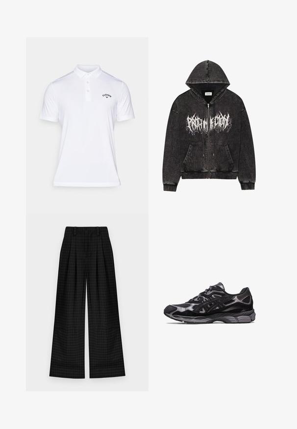 Czarna bluza z kapturem na zamek błyskawiczny, wykonana z fakturowanej tkaniny, z kieszeniami z przodu i białym nadrukiem graficznym na klatce piersiowej.; Callaway - Koszulka polo; Czarne spodnie w szerokim kroju w kratkę z plisami, o gładkiej teksturze i klasycznym designie. Lekka tkanina zapewniająca komfort.; Czarny but sportowy z siateczkową i zamszową cholewką, wyróżniający się teksturowanym wzorem oraz solidną, amortyzującą szaro-skalą podeszwą.