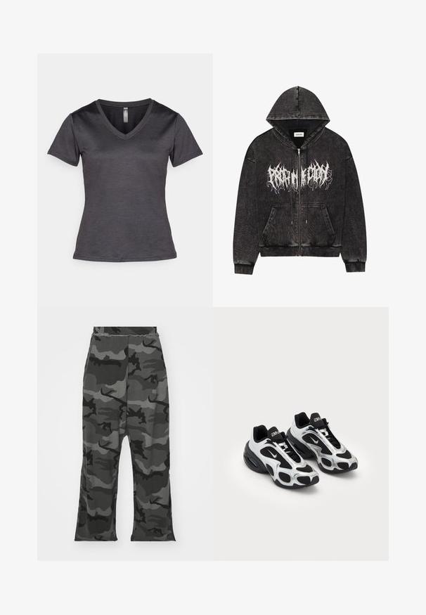 Juodas zip-up džemperis su kapišonu, pagamintas iš tekstūruoto audinio, su priekinėmis kišenėmis ir baltu grafiniu užrašu ant krūtinės.; Tamsiai pilka V-kaklo marškinėliai trumpomis rankovėmis, pagaminti iš lygaus audinio. Pridėtas subtilus logotipas ant krūtinės ir siauras dizainas.; Kamikadžų sportiniai kelnių švarkeliai juodai pilkomis spalvomis, su elastinga juosta, laisva forma ir šiek tiek iškirptėmis apatiniuose kojų galuose.; Juodos ir sidabrinės sportinės bateliai, su tinkline ir sintetine viršutine dalimi, išsiskiriantys unikaliu banginiu dizainu ir paminkštinta apykakle, su oro pagalvėmis pado viduje.