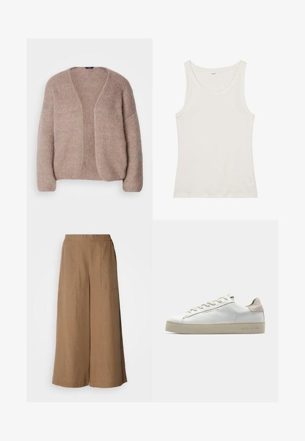 Beige gebreide cardigan met een V-hals, wijdere mouwen en een open voorkant. Zachte textuur met een iets chunky breipatroon.; Witte katoenen tanktop met een brede halslijn en dunne schouderbandjes. Gladde textuur zonder zichtbare patronen of versieringen.; Brede broekspijpen in een lichtbruine, geweven stof. Kenmerkt zich door een hoge elastische tailleband, zijzakken en een soepele textuur.; Witte leren sneaker met een glanzende afwerking, beige suède accenten, ronde neus, platte vetersluiting en een getextureerde rubberen zool.