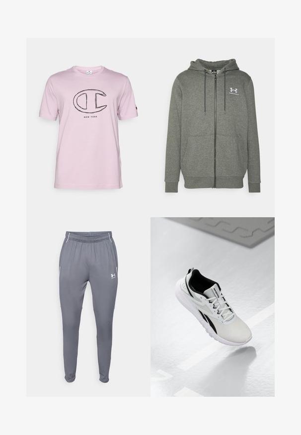 Sweatshirt cinzento com fecho éclair feito de material macio, com capuz ajustável, bolsos frontais e um pequeno logótipo no peito.; T-shirt de algodão rosa claro com mangas curtas e um grande logótipo bordado em preto com a letra "C" que diz "NEW YORK" por baixo.; Calças de desporto cinzas com cintura elástica, bolsos laterais e detalhes brancos. Feitas de um material suave e leve.; Sapatilha atlética cinza-claro com detalhes pretos, parte superior em malha texturizada, sola acolchoada e fecho com atacadores. Possui uma aba de puxar no calcanhar.