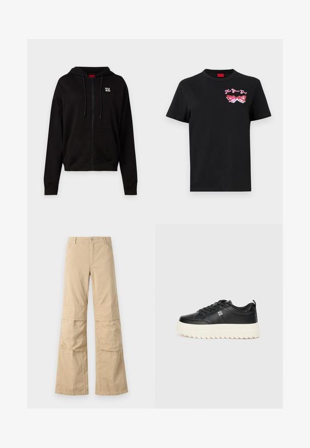 Fekete, cipzáros kapucnis pulóver, puha anyagból készült, húzózsinóros kapucnival, elülső zsebekkel és fehér logóval a bal mellen.; Fekete pamut póló rövid ujjal, amelyen a bal mellrészen egy rózsaszín napszemüveg grafika és a "Not Your Girl" felirat látható.; Beige, laza szabású, pamut anyagú, bő szárú nadrág, látható varrással, elülső zsebekkel és gombos záródással.; Fekete bőr sportcipő tömzsi fehér talppal, kerek orral és lapos fűzőkkel; az oldalán "HUGO" logóval és textúrázott talppal a tapadás érdekében.