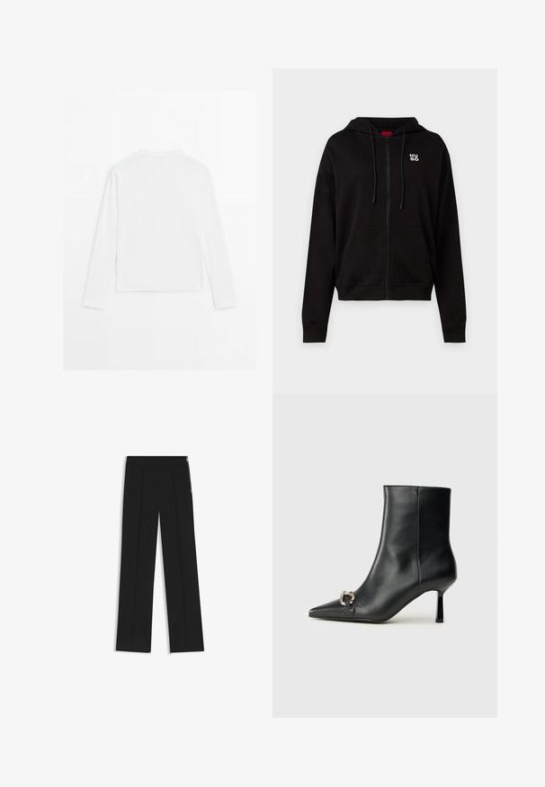 Schwarze Zip-Hoodie aus weichem Material, mit Kapuze mit Kordelzug, Fronttaschen und einem weißen Logo auf der linken Brust.; Schlichtes weißes Langarmshirt mit Rundhalsausschnitt, von hinten gezeigt, flach auf einem weißen Hintergrund ausgelegt.; Schwarze weite Hosen mit zwei vorderen Falten, elastischem Taillenbund und seitlichen Reißverschlüssen als Detail. Glatte Textur und minimalistisches Design.; Schwarze Leder-Stiefelette mit spitzer Zehe, schlankem, mittelhohem Absatz und silberner Schnalle seitlich vor einem schlichten Hintergrund.