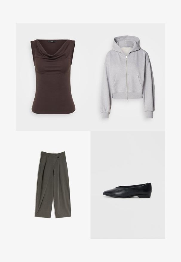 Skåret grå hættetrøje lavet af blødt stof, med lynlås foran, stor hætte og to frontlommer med elastiske mansjetter.; Brun ærmeløs top med draperet skulderudskæring, lavet af blødt stof. Glat tekstur med en tætsiddende silhuet og ingen synlig hardware.; Breddebenede bukser i et mørkegråt stof. Har flad front, sidelommer og en enkelt knaplukning. Glat tekstur, skræddersyet pasform.; Sorte læder flade sko med spids tå, let hævet hæl og glat overflade. Simpelt design uden synligt hardware eller mønstre.