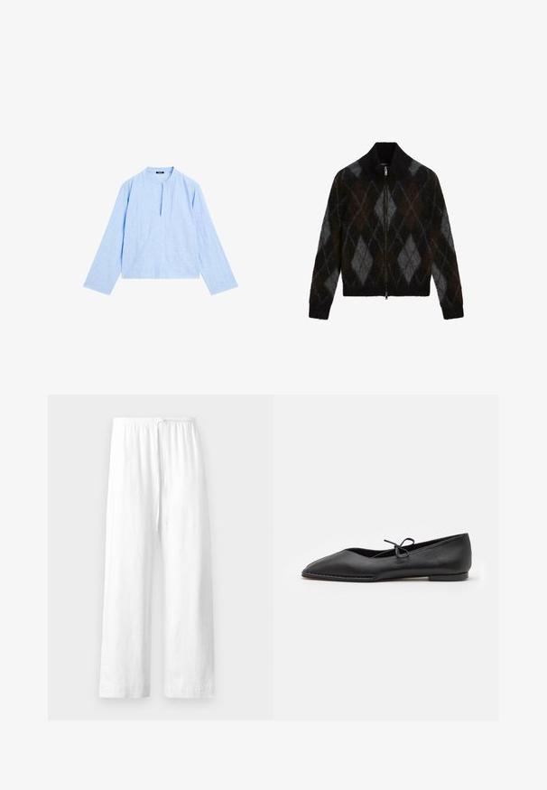 Zippovaná mikina v černé, antracitové a hnědé barvě s argyle vzorem. Vyrobena z texturovaného pleteného materiálu, s vysokým límcem.; Světle modrá blůza s dlouhým rukávem, kulatým výstřihem a předním rozparkem. Vyrobena z texturované látky, má volný, zkrácený střih.; Bílé lněné kalhoty se volným střihem, s elastickým pasem a šňůrkou a rovnými nohavicemi se čistým lemem.; ALOHAS SWAY - Klasické baleríny - black