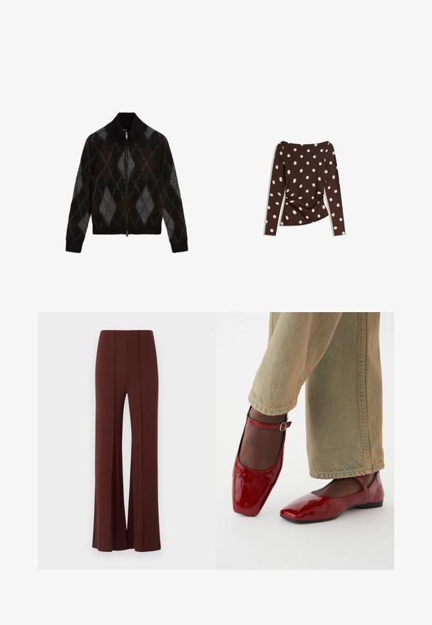 Zippered cardigan in black, charcoal, and brown with an argyle pattern. Made from a textured knit fabric, featuring a stand-up collar.; Brown long-sleeve top with a scoop neckline, featuring large white polka dots and gathered detail at the waist for a fitted look.; Brown wide-leg trousers with a high waist, made of a smooth fabric featuring vertical seams at the front and a clean finished hem.; Red patent leather shoes with a square toe, low heel, and ankle strap, paired with light green wide-leg jeans. Smooth texture, reflective surface.