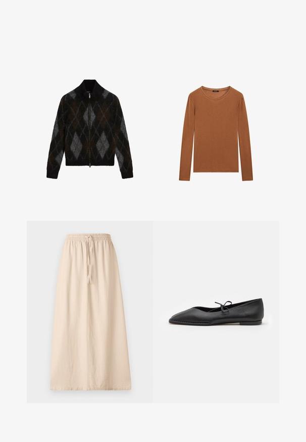 Gevoerde cardigan in zwart, antraciet en bruin met een ruitpatroon. Gemaakt van een gestructureerde breiselstof, met een opstaande kraag.; Massimo Dutti WITH NECKLINE DETAIL - Longsleeve - ochre; Beige, enkelgevelrok gemaakt van lichtgewicht stof met een elastische tailleband en een verstelbare strik. Beschikt over een ontspannen, rechte pasvorm.; ALOHAS SWAY - Ballerina's - black
