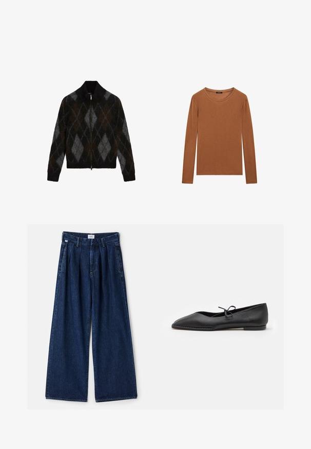 Cardigan zippé en noir, charbon et brun avec un motif argyle. Fabriqué à partir d'un tissu en tricot texturé, avec un col montant.; Massimo Dutti WITH NECKLINE DETAIL - T-shirt à manches longues - ochre; Pantalon en denim bleu à jambe large avec plis, doté d'une taille haute, de poches avant et d'une finition texturée. Le tissu est épais et robuste.; ALOHAS SWAY - Ballerines - black