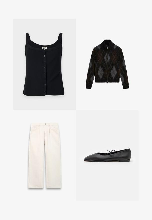 Cardigan zippé en noir, charbon et brun avec un motif argyle. Fabriqué à partir d'un tissu en tricot texturé, avec un col montant.; Débardeur noir à côtes avec un décolleté carré, des bretelles ajustables et une fermeture à boutons à l'avant comportant six boutons.; Jean large blanc en denim, dotés d'une fermeture à bouton, de cinq poches et de détails de couture subtils. Design épuré et minimaliste.; ALOHAS SWAY - Ballerines - black