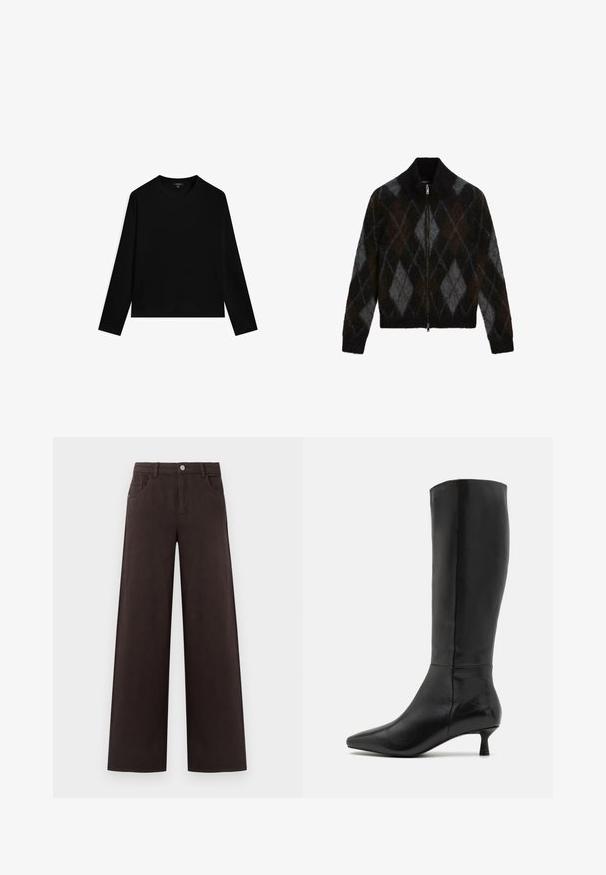 Zippad cardigan i svart, kol och brunt med ett argyle-mönster. Tillverkad av ett strukturerat stickat tyg, med en uppstående krage.; Svart långärmad topp i slät tyg, med rund halsringning och kortad nederkant. Enkelt design utan synliga mönster eller dekorationer.; Breddade byxor i mörkbrun bomullstyg. Har en knappstängning och framfickor, med en slät textur och rena linjer.; Zign Stövel - black
