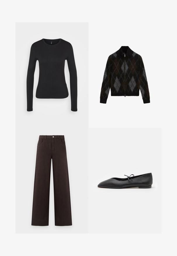 Lukket cardigan i sort, antracit og brun med et argyle-mønster. Fremstillet af et struktureret strikstof, med en opretstående krave.; Sort langærmet skjorte i blødt stof. Har en rund hals, slim fit og detaljer med midtersøm. Ingen synlige logoer eller mønstre.; Vidde benbukser i mørkebrun bomuldsstof. Har en knaplukning og forlommer, samt en glat tekstur og rene linjer.; ALOHAS SWAY - Ballerinasko - black