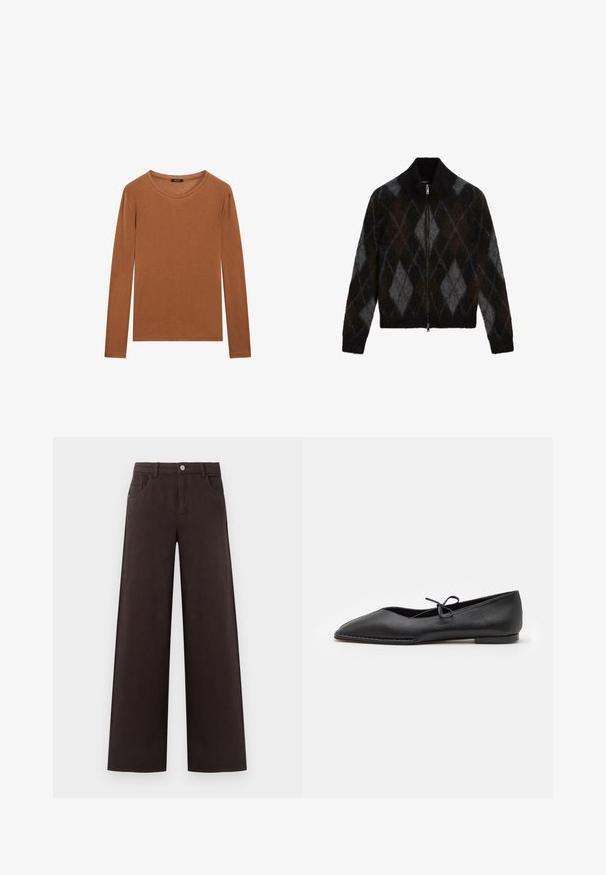 Reißverschluss-Strickjacke in Schwarz, Anthrazit und Braun mit einem Rautenmuster. Hergestellt aus einem strukturierten Strickstoff, mit einem Stehkragen.; Massimo Dutti WITH NECKLINE DETAIL - Langarmshirt - ochre; Weite Hosen aus braunem Baumwollstoff. Mit einem Knopfverschluss und Fronttaschen, aus einem glatten Material mit klaren Linien.; ALOHAS SWAY - Klassischer Ballerina - black