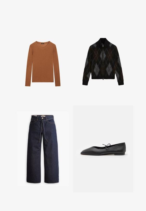 Zippovaná mikina v černé, antracitové a hnědé barvě s argyle vzorem. Vyrobena z texturovaného pleteného materiálu, s vysokým límcem.; Massimo Dutti WITH NECKLINE DETAIL - Top s dlouhým rukávem - ochre; Široké tmavě modré džíny se zvýšeným pasem, opatřené stahovací šňůrou, pěti kapsami a kontrastním prošíváním.; ALOHAS SWAY - Klasické baleríny - black