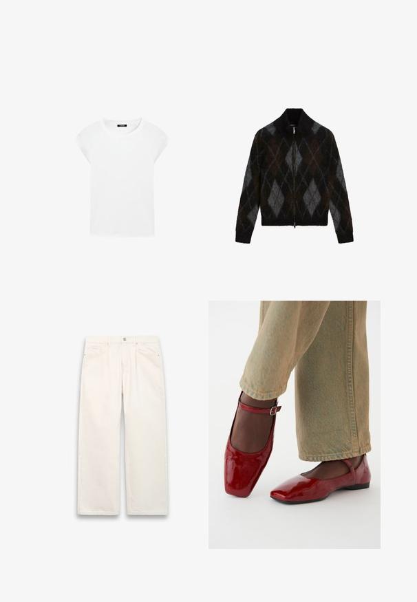 Gevoerde cardigan in zwart, antraciet en bruin met een ruitpatroon. Gemaakt van een gestructureerde breiselstof, met een opstaande kraag.; Witte t-shirt met korte mouwen, gemaakt van zachte katoen, met een ronde halsline en raglanmouwen. Het heeft een ontspannen, rechte snit en is zonder patronen.; Witte wijde denim jeans met een knoopsluiting, vijf zakken en subtiele stiksels. Schoon, minimalistisch ontwerp.; Rode lakleren schoenen met een vierkante neus, lage hak en enkelbandje, gecombineerd met lichtgroene wijde jeans. Glad textuur, reflecterend oppervlak.