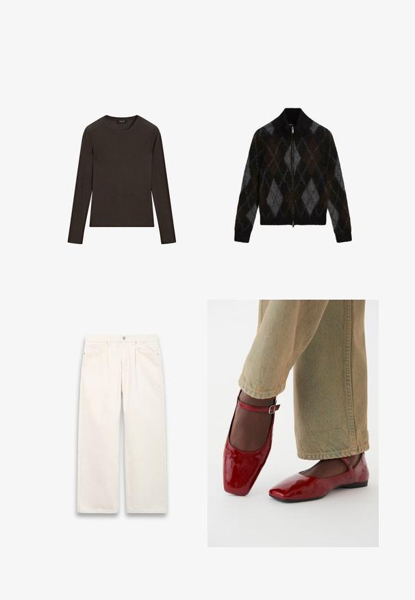 Reißverschluss-Strickjacke in Schwarz, Anthrazit und Braun mit einem Rautenmuster. Hergestellt aus einem strukturierten Strickstoff, mit einem Stehkragen.; Braune Langarmbluse aus weichem Stoff, mit rundem Ausschnitt und subtil taillierter Silhouette, mit glatter Textur und ohne Muster.; Weiße, weit geschnittene Jeans aus Denim mit Knopfverschluss, fünf Taschen und dezenten Steppnähten. Sauberes, minimalistisches Design.; Rote Lacklederschuhe mit quadrater Zehenform, niedrigem Absatz und Knöchelriemen, kombiniert mit hellgrünen weiten Jeans. Glatte Textur, reflektierende Oberfläche.
