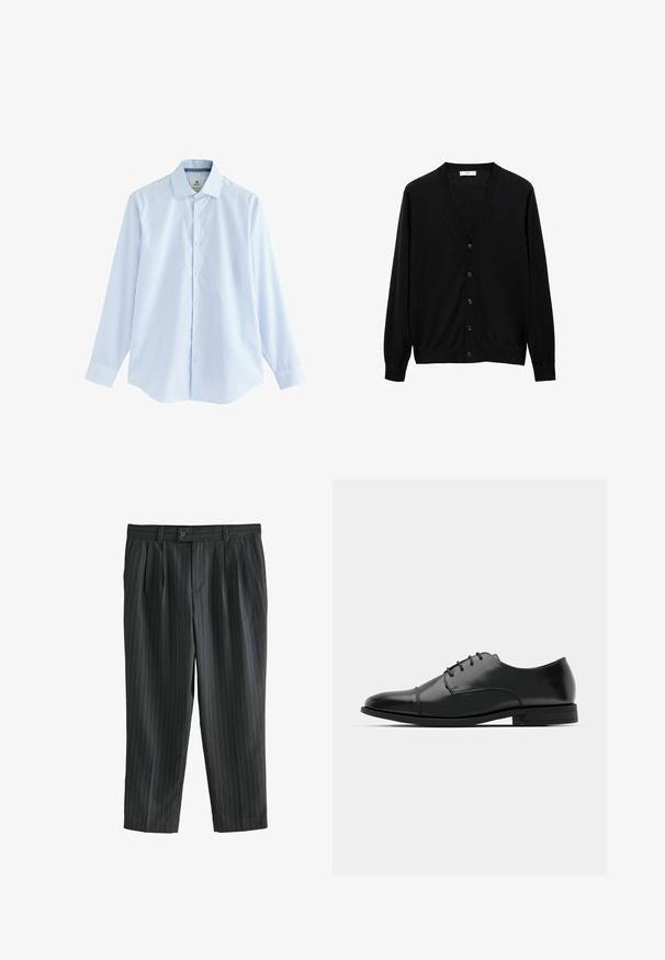 Cardigan nero con scollo a V, maniche lunghe e sei bottoni frontali. Realizzato in un materiale morbido con una texture liscia, senza motivi o decorazioni.; Camicia a maniche lunghe a quadretti blu con colletto button-down, realizzata in tessuto leggero, con bottoni bianchi e orlo curvo.; Pantaloni grigi a righe con fronte plissettato, realizzati in un tessuto morbido, con chiusura a bottone e gambe dritte.; Scarpa da uomo in pelle nera con punta rotonda, design con lacci, dettagli di cucitura discreti e tacco basso. Texture liscia con finitura lucida.
