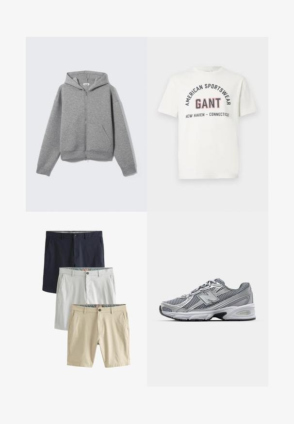 Felpa con cappuccio e zip grigia, realizzata in tessuto morbido e strutturato. Presenta un cappuccio, due tasche frontali e una vestibilità comoda con polsini e bordo inferiore a coste.; T-shirt bianco a maniche corte con "AMERICAN SPORTSWEAR," "GANT" e "NEW HAVEN - CONNECTICUT" stampati sulla parte anteriore in lettere nere e rosse.; Tre paia di shorts: blu navy, grigio chiaro e beige, tutti realizzati in tessuto liscio, con tasche frontali e chiusura a bottone.; Scarpa sportiva grigia con tomaia in rete, dettagli argentati, colletto imbottito e suola intermedia bianca con suola nera.
