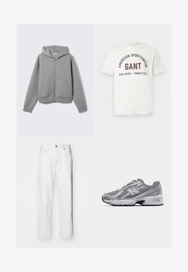 Grijze hoodie met rits, gemaakt van zachte, gestructureerde stof. Voorzien van een capuchon, twee zakken aan de voorkant en een ontspannen pasvorm met geribbelde manchetten en zoom.; Witte T-shirt met korte mouwen met "AMERICAN SPORTSWEAR," "GANT," en "NEW HAVEN - CONNECTICUT" in zwarte en rode letters op de voorkant gedrukt.; Witte denim jeans met een rechte snit, vijf-pocket ontwerp, knoopsluiting en subtiele stikseldetails. Gladde textuur en minimalistische stijl.; Grijze sportschoen met een mesh bovenkant, zilveren accenten, een gepolsterde kraag en een witte tussenzool met een zwarte loopzool.