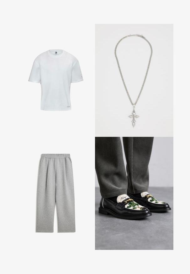 Sweat à capuche zippé gris en tissu doux et texturé. Comprend une capuche, deux poches avant, et une coupe décontractée avec poignets et ourlet côtelés.; T-shirt en coton blanc avec un col rond et des manches courtes. Coupe droite avec un petit logo en accent sur le côté. Texture lisse.; Pantalon de survêtement gris clair avec taille élastique et poches latérales, coupe droite, fabriqué en tissu doux.; Mocassins en cuir noir avec un dessus en textile décoratif vert et blanc. Présente un accent en chaîne dorée et une semelle noire texturée.; Collier en chaîne argentée avec un grand pendentif croix orné, aux accents aigus et à la finition polie. La chaîne est épaisse et plate.