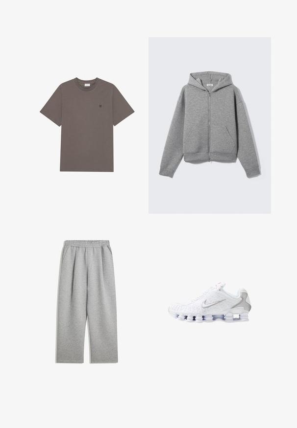 Gray zipper hoodie made of soft, textured fabric. Features a hood, two front pockets, and a relaxed fit with ribbed cuffs and hem.; Gray cotton t-shirt featuring a crew neckline and short sleeves, with a small black "II" print on the left chest. Smooth texture.; Light gray sweatpants with elastic waistband and side pockets, straight leg cut, made of soft fabric.; White athletic shoes featuring a textured upper with a silver swoosh logo, mesh panels, and a distinctive segmented white sole.