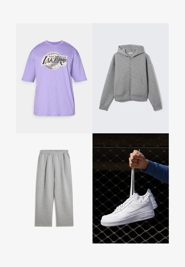 Siva jopa z zadrgo iz mehkega, teksturiranega blaga. Ima kapuco, dva sprednja žepa in sproščen kroj z rebrastimi manšetami in robom.; Lila kratka majica s kratkimi rokavi in okroglim izrezom ter osrednjo grafiko, ki prikazuje košarko in besedilo "Los Angeles Lakers" v črni in srebrni barvi.; Svetlo sivi trenirke z elastičnim pasom in stranskimi žepi, ravnega kroja, narejene iz mehke tkanine.; Bela usnjena športna obutev s perforacijami, okroglo konico, ravnim podplatom in debelimi vezalkami, z vidnim logotipom smoosh in napisom "AIR" na peti.