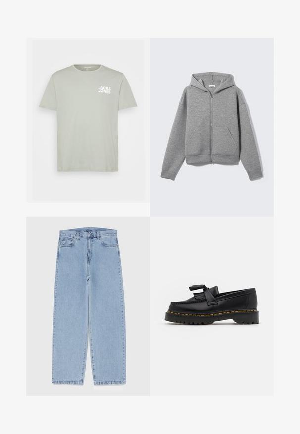 Gray zipper hoodie made of soft, textured fabric. Features a hood, two front pockets, and a relaxed fit with ribbed cuffs and hem.; Short-sleeve, light green cotton t-shirt with a crew neckline and white "JACK & JONES" logo printed on the left chest area.; Light blue denim jeans with straight leg design, featuring a mid-rise waist, five pockets, and a button and zipper closure.; Black leather loafer with a tasseled accent, featuring a chunky black sole and yellow stitching along the edge. Textured finish.