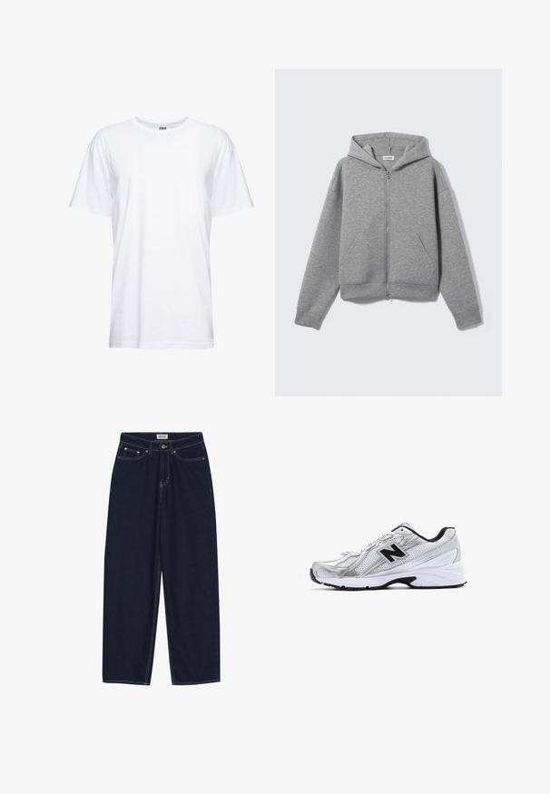 Siva jopa z zadrgo iz mehkega, teksturiranega blaga. Ima kapuco, dva sprednja žepa in sproščen kroj z rebrastimi manšetami in robom.; Bela bombažna majica s okroglo ovratnico in kratkimi rokavi. Tkanina je gladka, z udobnim krojem in brez vidnih grafičnih elementov ali vzorcev.; Temno modri široki kavbojke z kontrastnim šivom, sprednjimi žepi in gumbom za zapiranje. Čista, ravna kroja brez okraskov.; Srebrni športni čevlji iz mrežastega materiala, črnimi detajli, perforiranim dizajnom in oblazinjeno belo podplatom. Imajo izstopajoč logotip 'N'.