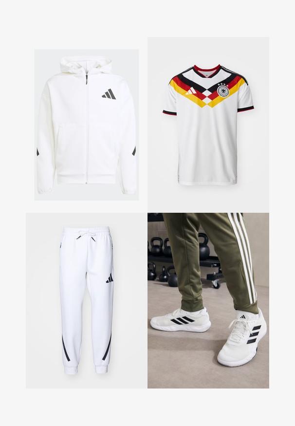 Bijela dukserica sa zipom i kapuljačom. Ima crni logo i naglaske na ramenima. Izrađena od mekog materijala s glatkom teksturom. Sadrži prednje džepove.; Bijela nogometna majica s crnim i crvenim akcentima, koja ima žuti i crveni dijagonalni uzorak, tri zvjezdice i Adidas logo.; Bijele sportske trenirke s crnim detaljima, izrađene od mekanog materijala, sa elastičnim pojasom, vezanjem na šnalu i bočnim džepovima.; Bijele atletske cipele s crnim prugama, mrežastom teksturom i podstavljenim okovratnikom, u kombinaciji s maslinasto zelenim hlačama koje imaju bijele bočne pruge.