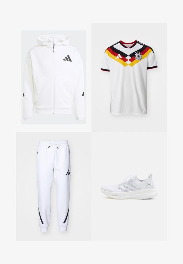 Casaco de capuz branco com fecho éclair. Apresenta um logótipo preto e detalhes nos ombros. Feito de material suave, com uma textura lisa. Inclui bolsos frontais.; Camisa de futebol branca com detalhes em preto e vermelho, apresentando um design diagonal amarelo e vermelho, três estrelas e o logo da Adidas.; Calças de treino brancas com detalhes pretos, feitas de tecido macio, com cintura elástica, fecho de cordão e bolsos laterais.; Sapatilha de corrida branca com um cabedal de malha texturizada, logótipo com três riscas diagonais e sola de amortecimento assinatura rotulada como "Light Boost".