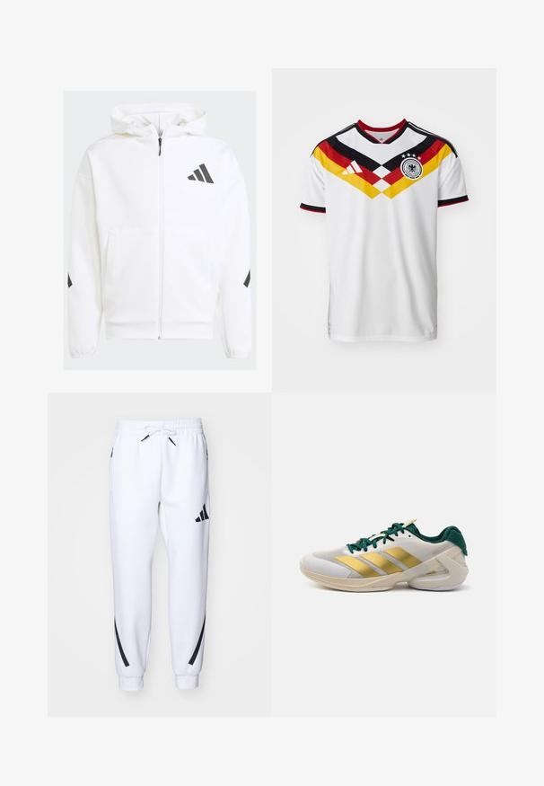 Hvit zip-up hettegenser med hette. Har svart logo og detaljer på skuldrene. Laget av mykt materiale med glatt tekstur. Har lommer foran.; Hvit fotballdrakt med svart og rødt aksent, med et gult og rødt diagonal design, tre stjerner og Adidas-logoen.; Hvite joggebukser med svarte detaljer, laget av myk stoff, med elastisk midje, snøring og sidelommer.; Sko med en hvit mesh-overdel med gullstriper, grønne accenter på snøring og hæl, og en polstret såle for støtte.