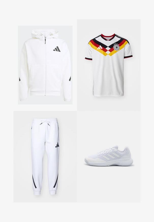 Casaco de capuz branco com fecho éclair. Apresenta um logótipo preto e detalhes nos ombros. Feito de material suave, com uma textura lisa. Inclui bolsos frontais.; Camisa de futebol branca com detalhes em preto e vermelho, apresentando um design diagonal amarelo e vermelho, três estrelas e o logo da Adidas.; Calças de treino brancas com detalhes pretos, feitas de tecido macio, com cintura elástica, fecho de cordão e bolsos laterais.; Ténis atléticos brancos com um upper em malha, com design de três riscas, bico arredondado, colarinho acolchoado e sola texturizada para aderência.