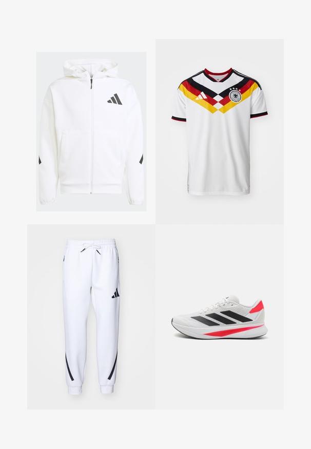 White zip-up hoodie with a hood. Features black logo and accents on shoulders. Made from soft material, smooth texture. Front pockets included.; White soccer jersey with black and red accents, featuring a yellow and red diagonal design, three stars, and the Adidas logo.; White athletic joggers with black accents, made from soft fabric, featuring an elastic waistband, drawstring closure, and side pockets.; White athletic shoe featuring black stripes, a textured upper, pink accents, and a lightweight sole with "LIGHTMOTION" branding.