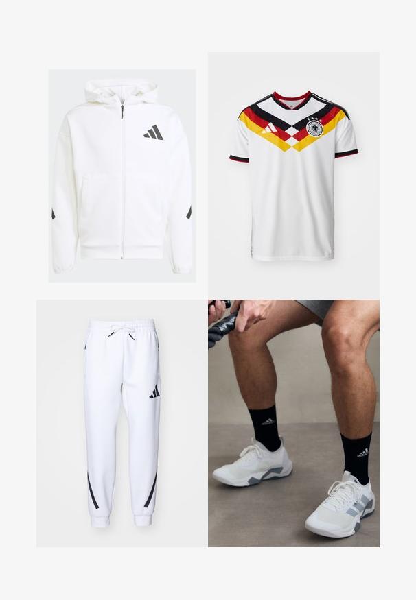 Weiße Zip-Hoodie mit Kapuze. Verfügt über schwarzes Logo und Akzente an den Schultern. Aus weichem Material mit glatter Textur gefertigt. Mit vorderen Taschen.; Weißes Fußballtrikot mit schwarzen und roten Akzenten, das ein gelb-rotes diagonales Design, drei Sterne und das Adidas-Logo zeigt.; Weiße sportliche Jogginghosen mit schwarzen Akzenten, aus weichem Stoff, mit elastischem Bund, Kordelzugverschluss und Seitentaschen.; Weiße Sportschuhe mit grauen Akzenten, strukturiertem Material und Schnürdesign. Getragen mit schwarzen Socken mit einem Logo.