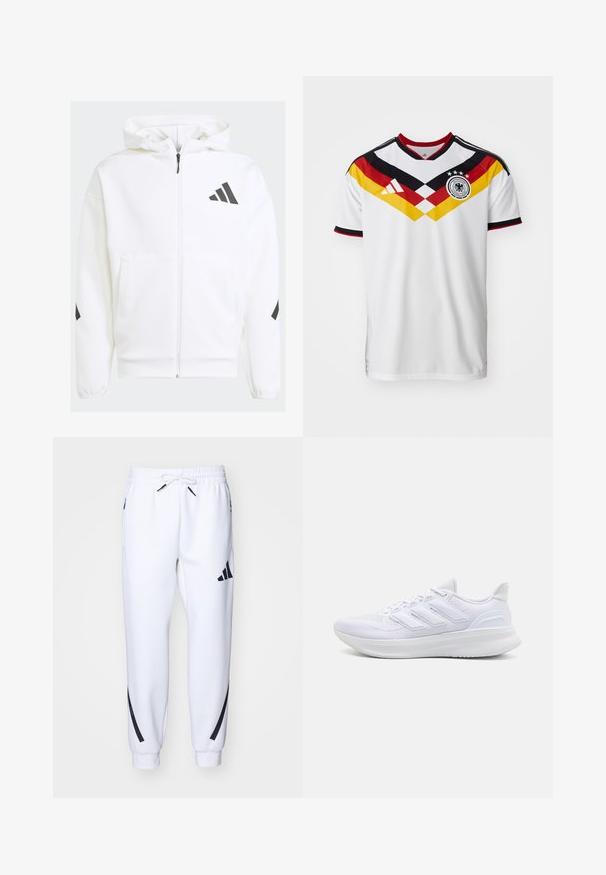 Veste à capuche blanche zippée. Caractéristiques : logo noir et accents sur les épaules. Fabriquée en matériau doux, texture lisse. Poches avant incluses.; Maillot de soccer blanc avec des accents noirs et rouges, présentant un design diagonal jaune et rouge, trois étoiles et le logo Adidas.; Jogging blanc athlétique avec accents noirs, fabriqués en tissu doux, dotés d'une taille élastique, d'une fermeture à cordon de serrage et de poches latérales.; Chaussures de sport blanches avec un dessus en mesh texturé, une semelle rembourrée et un design à trois bandes sur le côté.